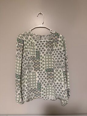 LOFT White Blouse with Green and Gray Geometric Print